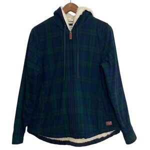 LL Bean Hoodie Womens Small Blue Scotch Plaid Flannel Sherpa Fleece Zip Shacket